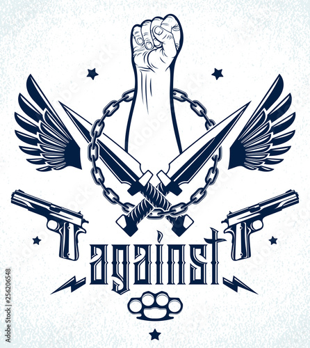 Anarchy and Chaos aggressive emblem or logo with strong clenched fist, weapons and different design elements , vector vintage style tattoo, rebel rioter partisan and revolutionary.
