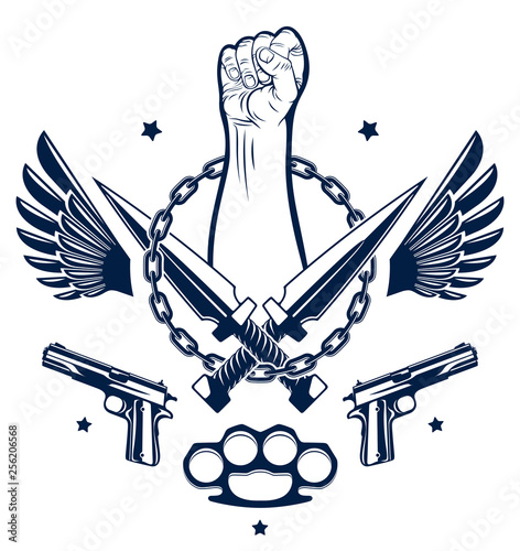 Revolution and Riot aggressive emblem or logo with strong clenched fist, weapons and different design elements , vector tattoo, anarchy and chaos, rebel partisan and revolutionary.