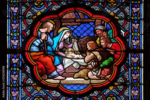 фотографія Nativity Scene, Adoration of the Shepherds, stained glass window in the Basilica
