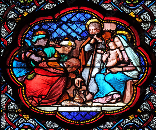 Nativity Scene, Adoration of the Magi, stained glass window in the Basilica of Saint Clotilde in Paris, France