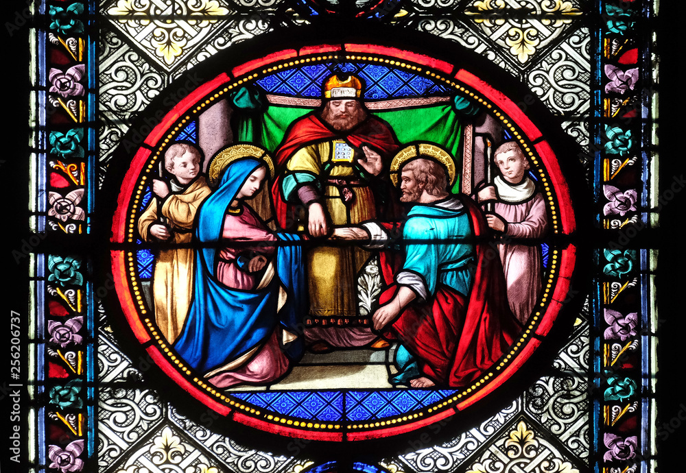 Marriage of St Joseph and Virgin Mary, stained glass window in the Basilica of Saint Clotilde in Paris, France