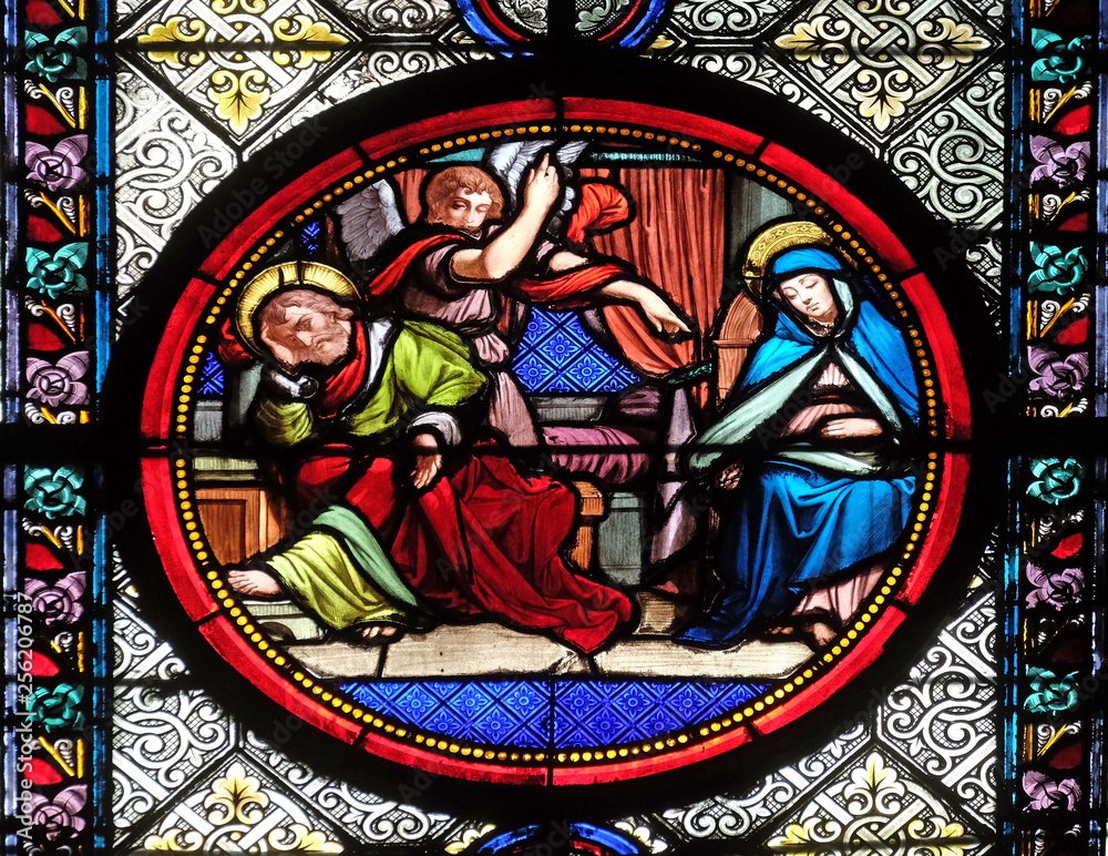 Saint Joseph first dream, revelation of the operation of the Holy Spirit, stained glass window in the Basilica of Saint Clotilde in Paris, France
