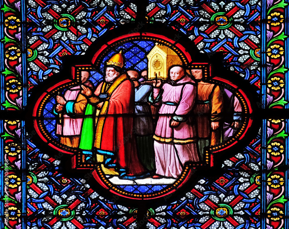 Transfer  of Saint Remi relics, stained glass window in the Basilica of Saint Clotilde in Paris, France 