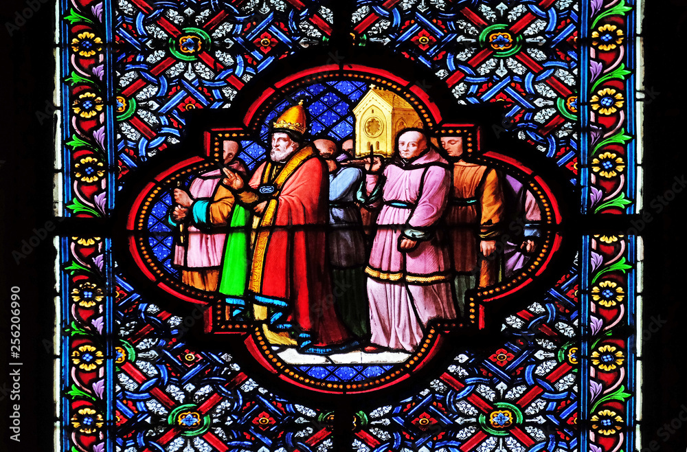 Transfer  of Saint Remi relics, stained glass window in the Basilica of Saint Clotilde in Paris, France 