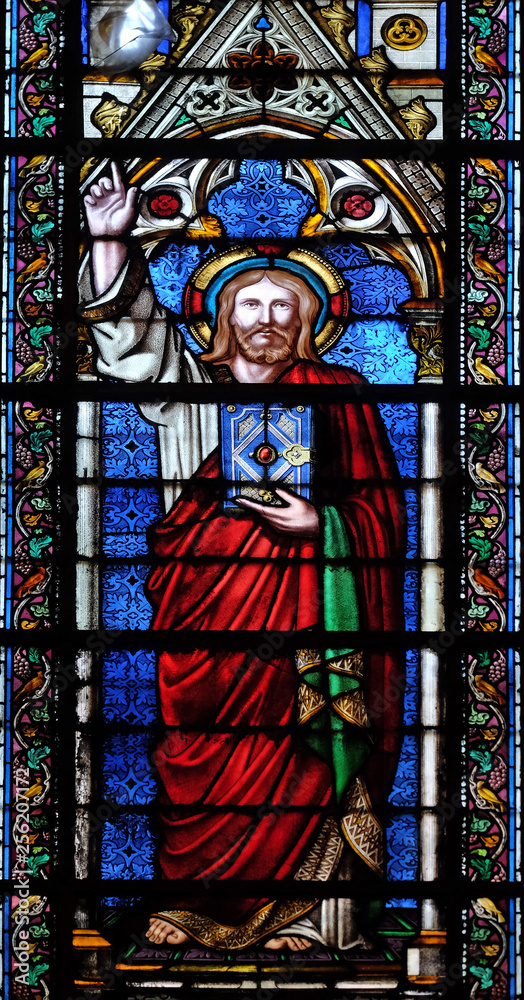 Christ blessing, stained glass window in the Basilica of Saint Clotilde in Paris, France