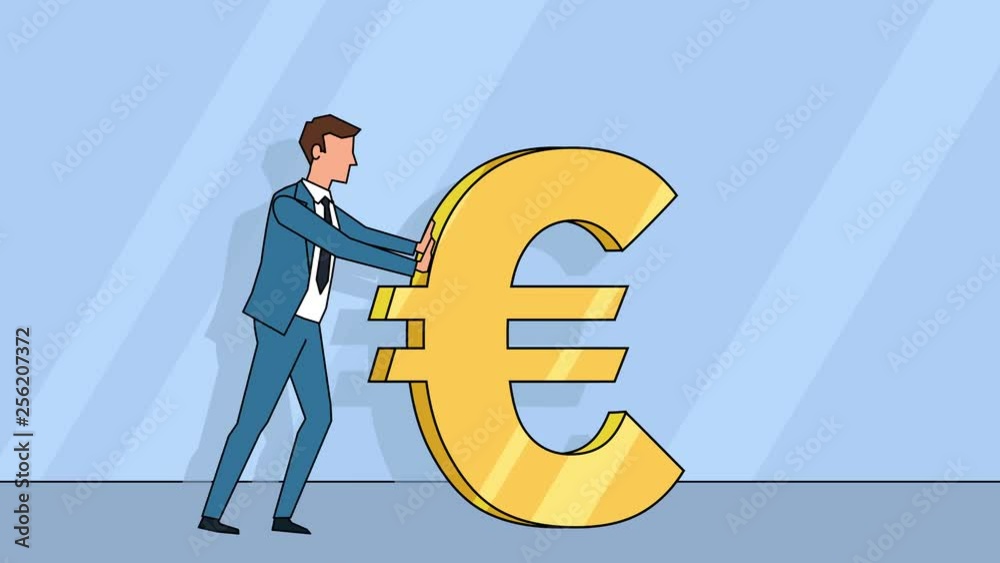 Flat cartoon businessman character pushes a euro sign concept animation Flat cartoon businessman character pushes a euro sign concept animation