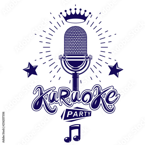 Karaoke party invitation poster, live music vector concert advertising leaflet composed using stage or recorder microphone and musical notes.