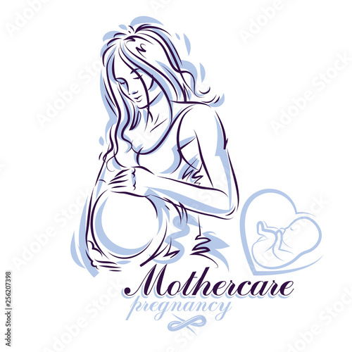 Elegant pregnant woman body silhouette drawing. Vector illustration of mother-to-be fondles her belly. Obstetrics and gynecology clinic advertising banner