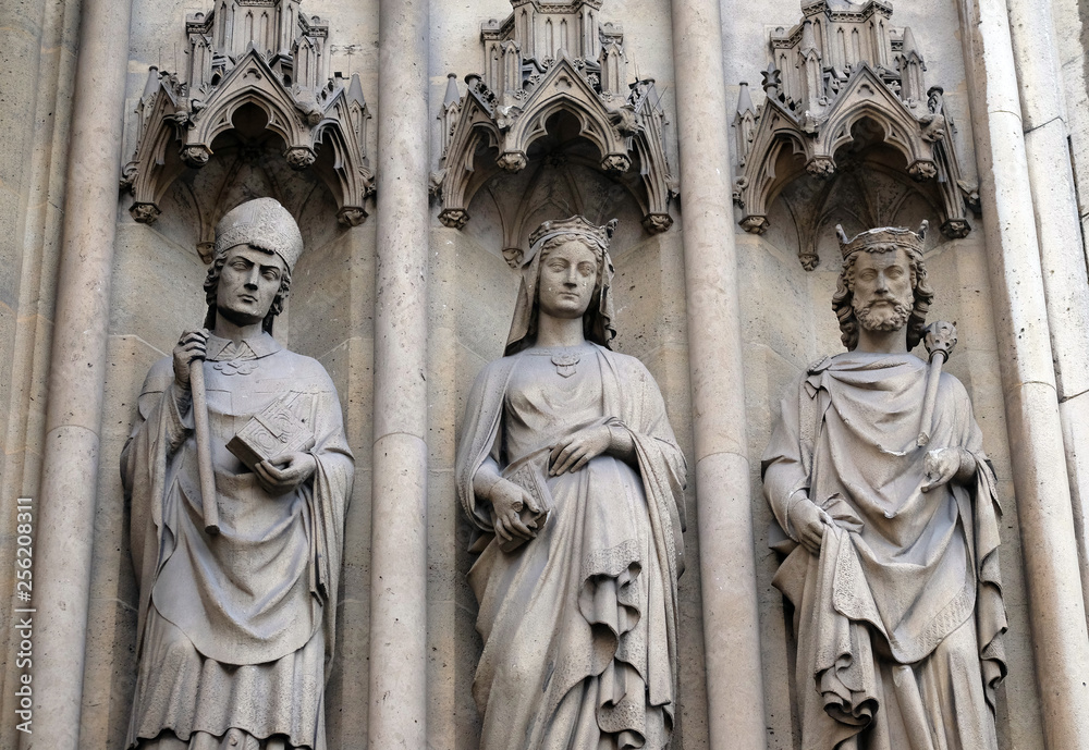 Statues of Saints on the portal of the Basilica of Saint Clotilde in Paris, France