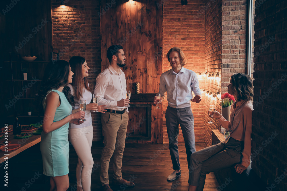 Company of nice lovely elegant classy cheerful cheery positive guys ladies having talk fun birthday casual formal-wear in fashionable wood brick industrial loft interior room indoors Company of nice lovely elegant classy cheerful cheery positive guys ladies having talk fun birthday casual formal-wear in fashionable wood brick industrial loft interior room indoors