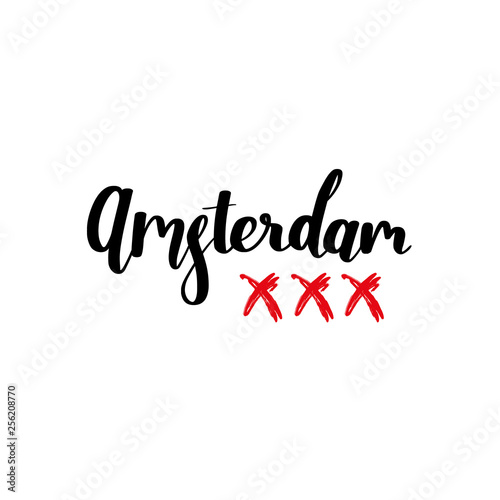 Vector hand lettering illustration. Amsterdam - calligraphy phrase with inky flag. Design composition with typography elements