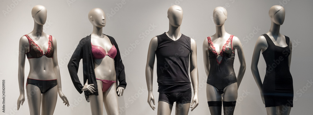Modern and luxury shop of underwear. Full-length male and female mannequins  in nderwear. Lingerie on plastic dolls in store window display. Stock Photo  | Adobe Stock