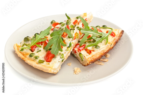 two slices of quiche with vegetables 