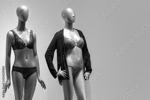 Modern and luxury shop of underwear. Full-length female mannequins in nderwear. Lingerie on plastic dolls in store window display. Sale and advertising theme. Copyspace for text