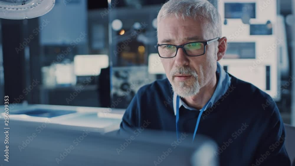 Portrait of Handsome Middle Aged Engineer Wearing Glasses Works on Personal Computer. In the Background High Tech Engineering Facility