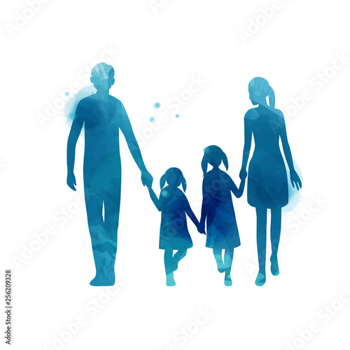 Parents having good time with their child.  Happy family walking together isolated on white background. Watercolor style. Vector illustration.
