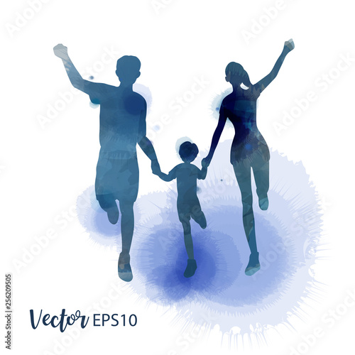 Happy family running silhouettes watercolor. Healthy life. Vector illustration.