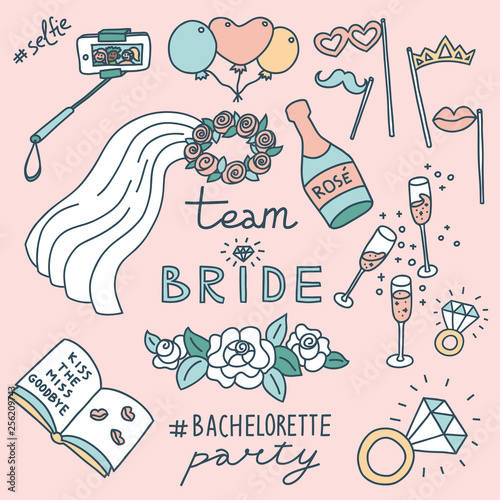 Bachelorette party concept. Set of objects. Pastel color doodle.