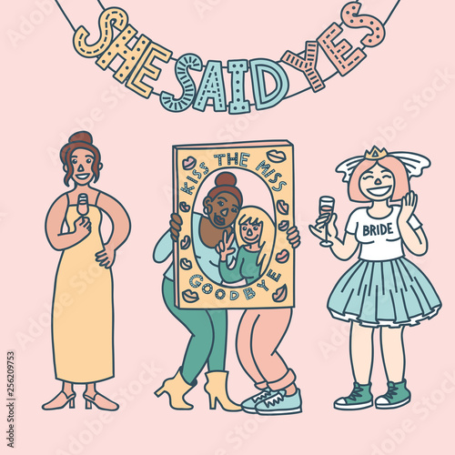 Bachelorette party concept. Friends celebrating. Pastel color doodle.