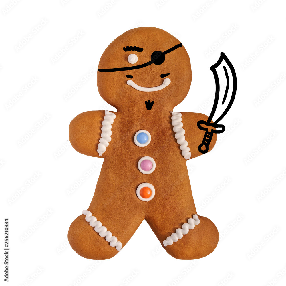Fototapeta premium Gingerbread man-pirate, sketch, doodle, design element, isolated on white background