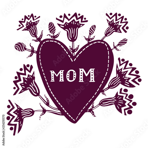 Heart with word Mom and carnation flowers. Silhouette isolated on white