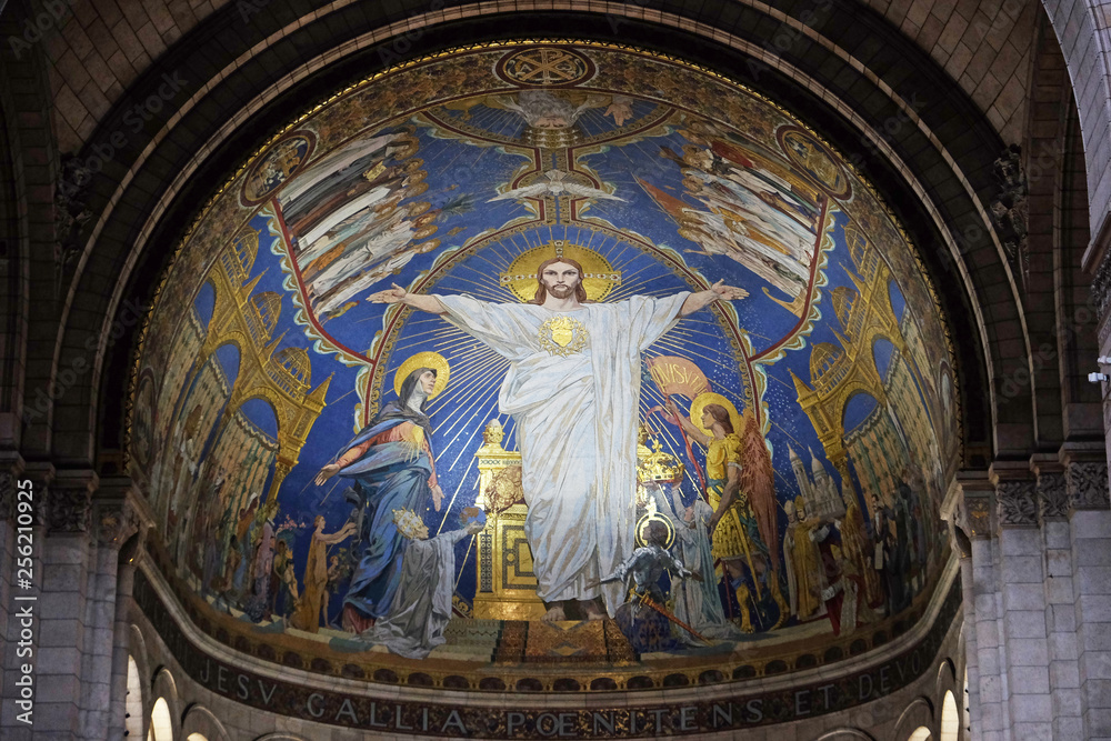 Christ in Majesty is surrounded by the Virgin Mary, Joan of Arc and St. Michael, mosaic by Luc-Olivier Merson, Basilica of the Sacred Heart of Jesus in Paris Christ in Majesty is surrounded by the Virgin Mary, Joan of Arc and St. Michael, mosaic by Luc-Olivier Merson, Basilica of the Sacred Heart of Jesus in Paris