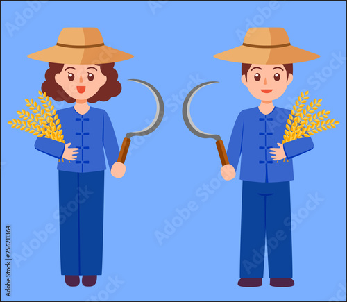famale and male farmer harvest rice, Flat cartoon vector illustration isolated on EPS10.
