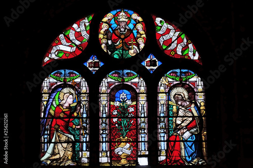 Annunciation of the Virgin Mary, stained glass window in Saint-Eustache church in Paris, France