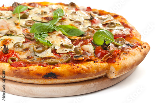 Healthy vegetables and mushrooms vegetarian pizza isolated on white background