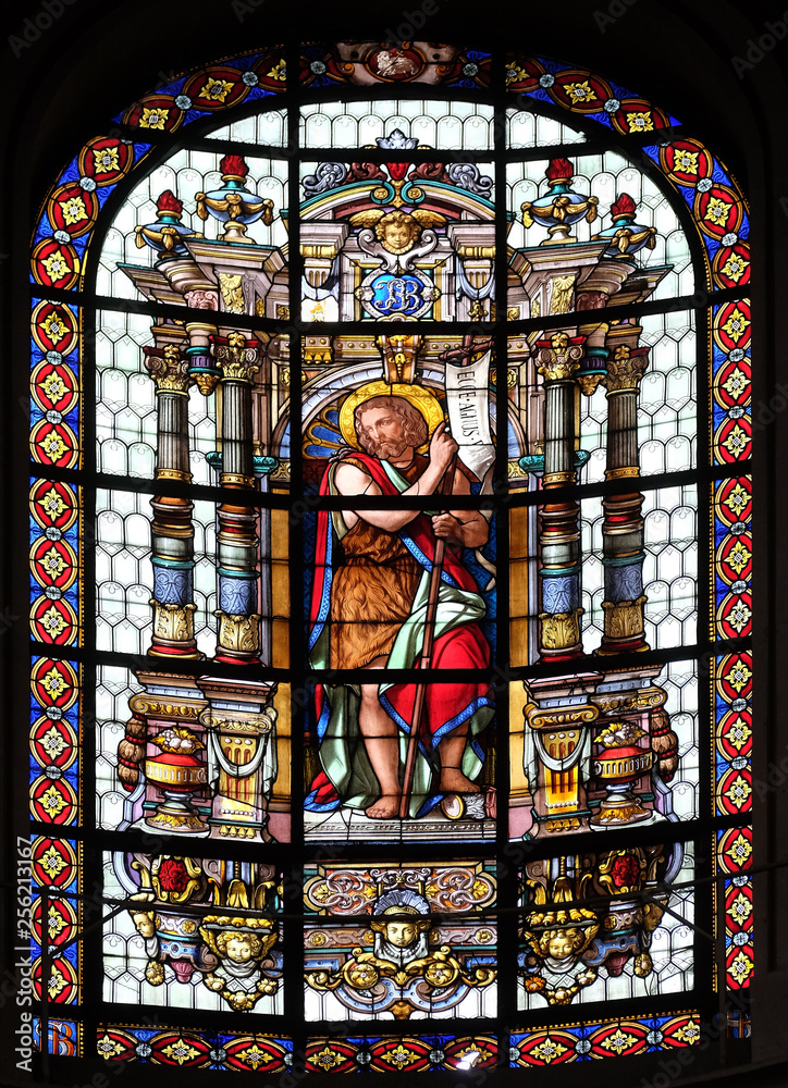 Saint John the Baptist, stained glass windows in the Saint Roch Church, Paris, France