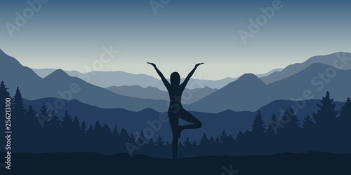 girl makes yoga pose at beautiful blue mountain and forest landscape vector illustration EPS10