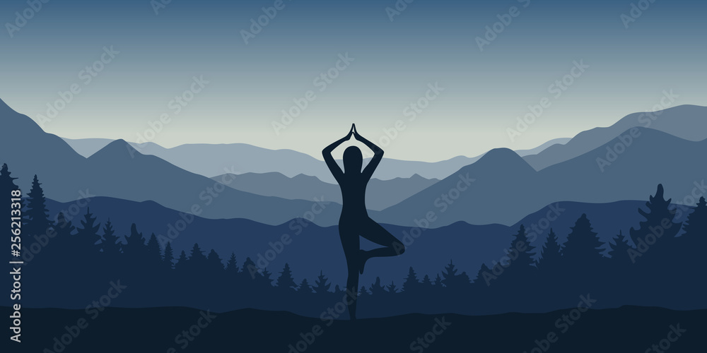 girl makes yoga pose at beautiful blue mountain and forest landscape vector illustration EPS10