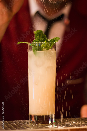 Quadro su tela Refreshing cocktail covered in snow with bartender in tie