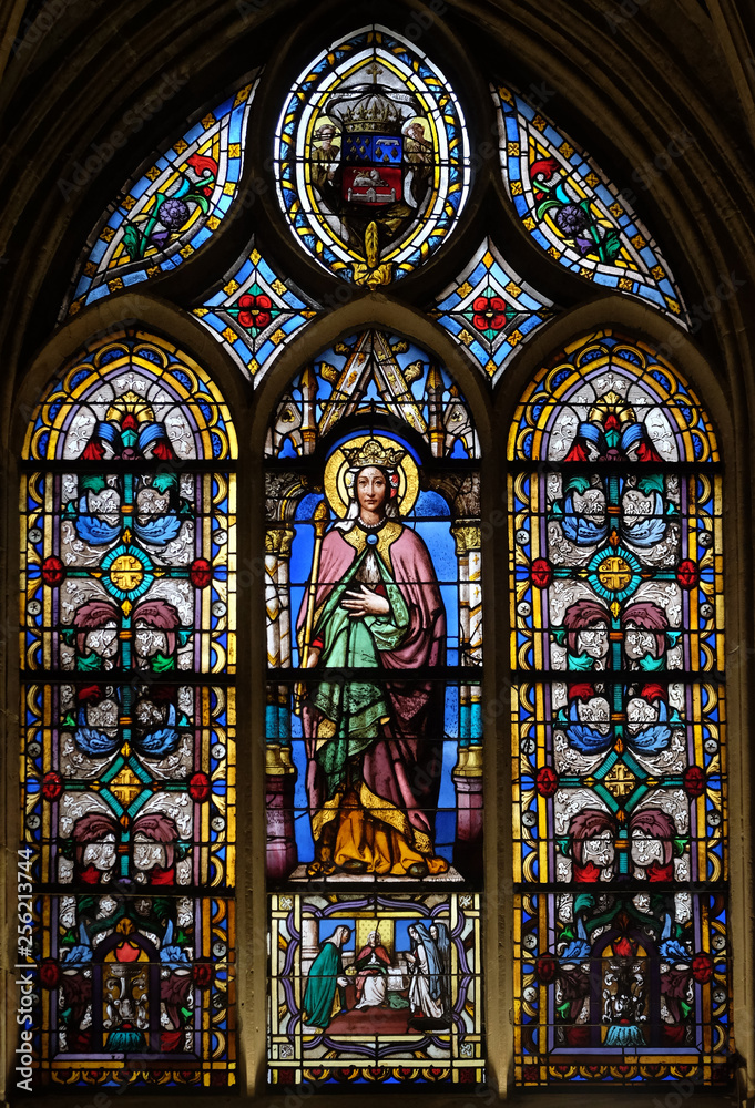Saint Clothilde, stained glass window from Saint Germain-l'Auxerrois church in Paris, France 
