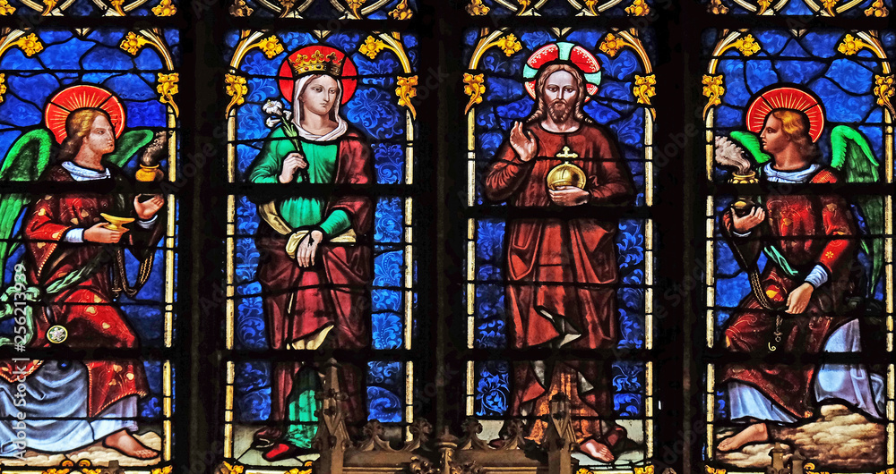 Virgin Mary and Jesus with angels, stained glass window from Saint Germain-l'Auxerrois church in Paris, France