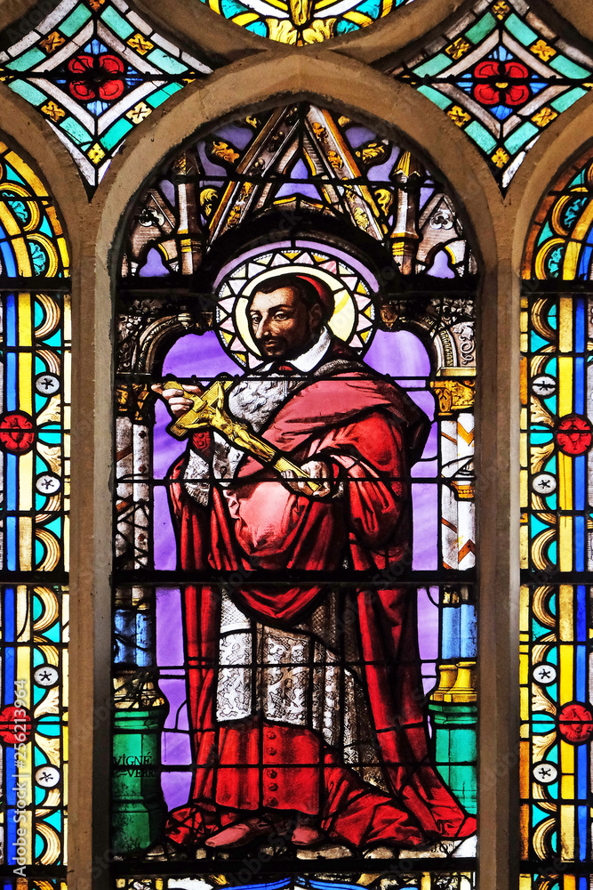 Saint Charles Borromeo, stained glass window from Saint Germain-l'Auxerrois church in Paris, France