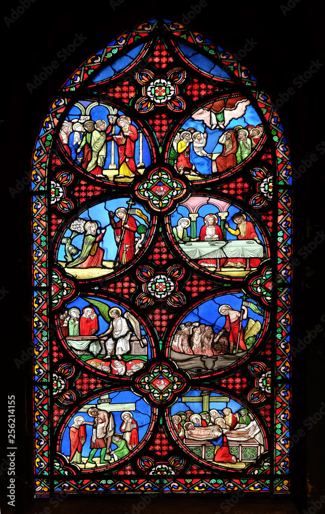 Scenes from Jesus' life, stained glass window from Saint Germain-l'Auxerrois church in Paris, France 
