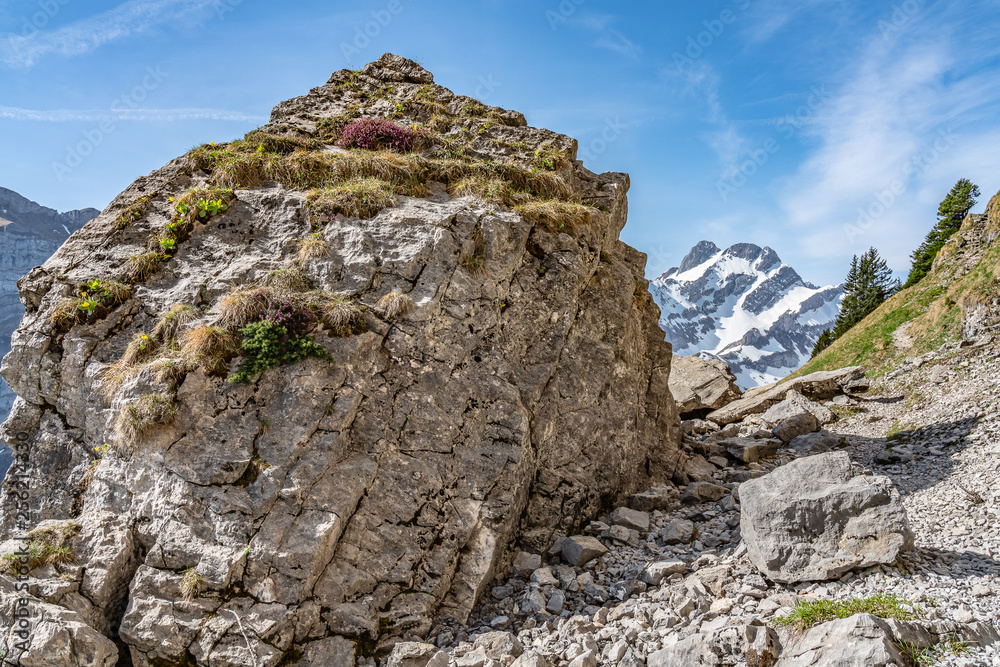 Switzerland, Beautiful scenic view on snow Alps peaks with blue sky and white clouds above Switzerland, Beautiful scenic view on snow Alps peaks with blue sky and white clouds above