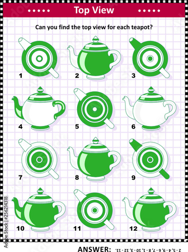 IQ, memory and spatial skills training visual puzzle: Can you find the top view for each teapot? Answer included.