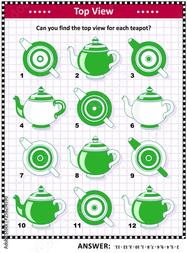 IQ, memory and spatial skills training visual puzzle: Can you find the top view for each teapot? Answer included.
