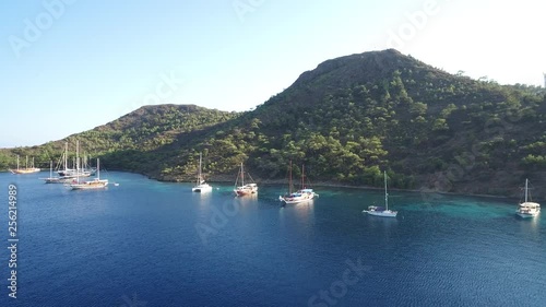 Aktur bay with anchored boats in Datça Turkey photo