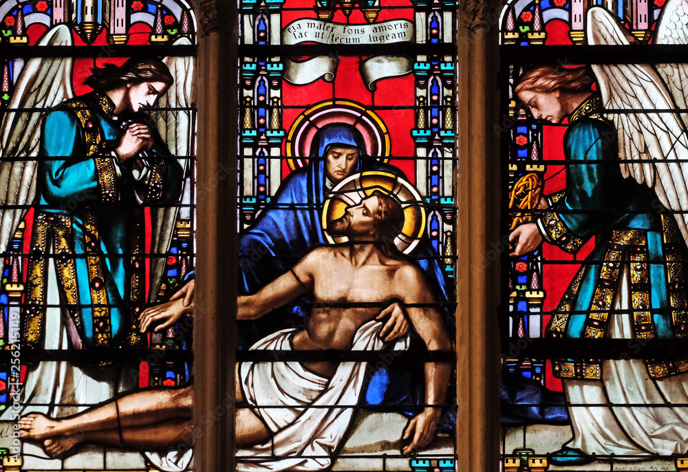 Deposition from the Cross, stained glass window from Saint Germain-l'Auxerrois church in Paris, France 