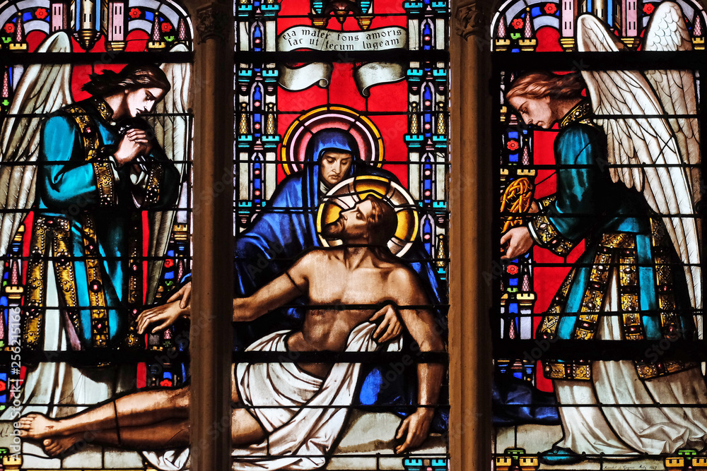 Deposition from the Cross, stained glass window from Saint Germain-l'Auxerrois church in Paris, France 