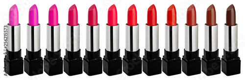 Set of lipstick isolated on white background, palette, tubes.