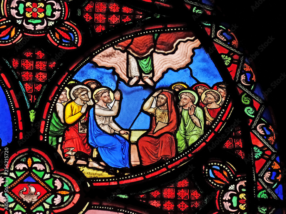 Ascension of Christ, stained glass window from Saint Germain-l'Auxerrois church in Paris, France