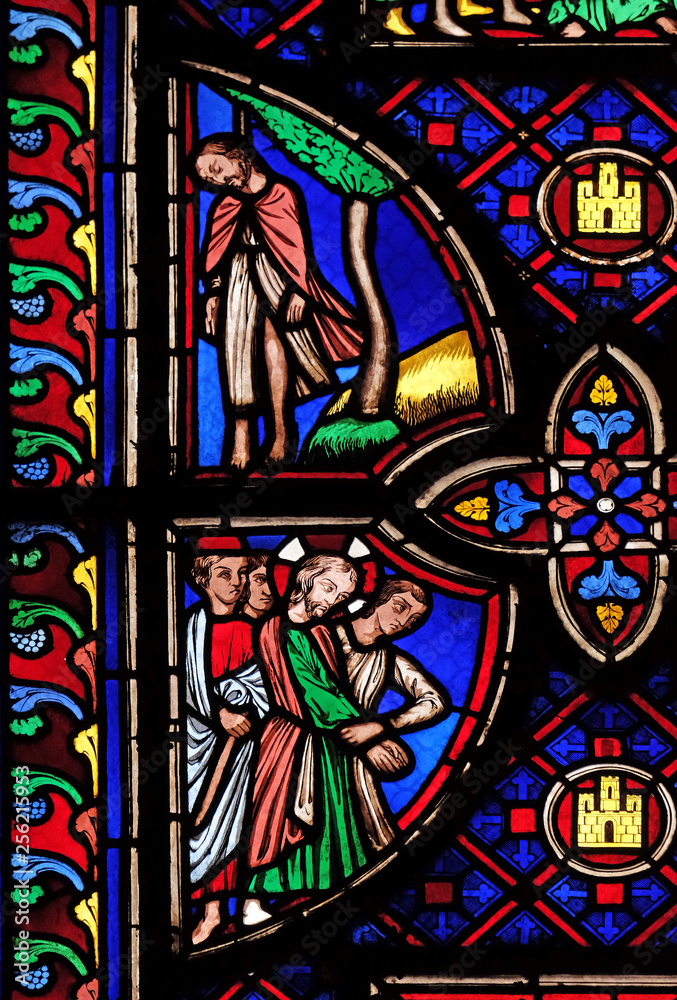 Judas hangs himself on a tree, Jesus is captured, stained glass window from Saint Germain-l'Auxerrois church in Paris, France