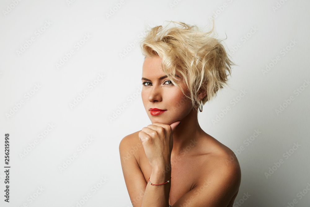 Portrait Young Blonde Head Female Perfect Skin Dreaming Something Interesting Copy Space Wall Your Business Information or Advertising Content, Smiling and Looking Camera Portrait Young Blonde Head Female Perfect Skin Dreaming Something Interesting Copy Space Wall Your Business Information or Advertising Content, Smiling and Looking Camera