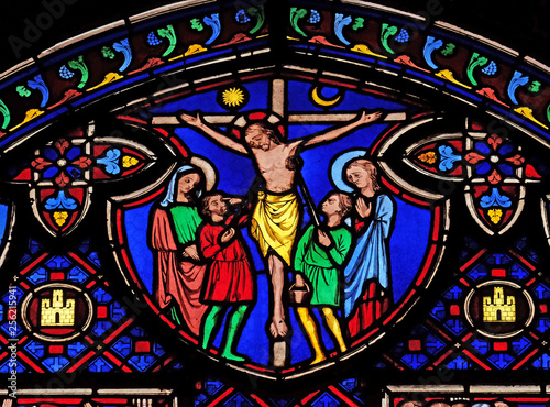 Crucifixion, stained glass window from Saint Germain-l'Auxerrois church in Paris, France