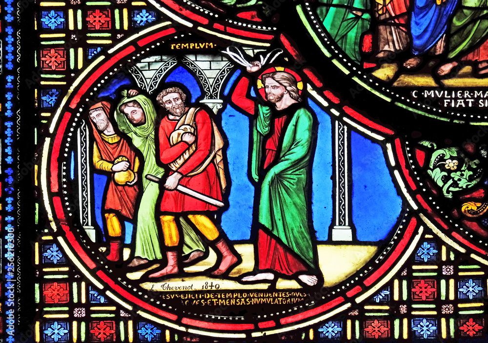 Christ Driving the Merchants from the Temple, stained glass window from Saint Germain-l'Auxerrois church in Paris, France 