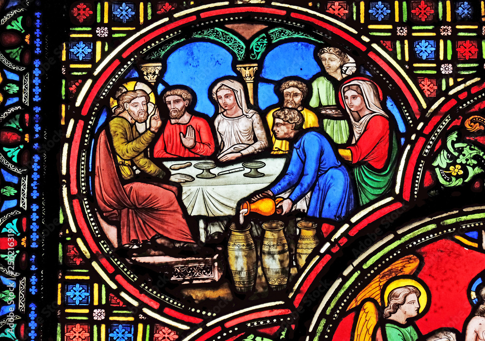 Wedding at Cana, stained glass window from Saint Germain-l'Auxerrois church in Paris, France 